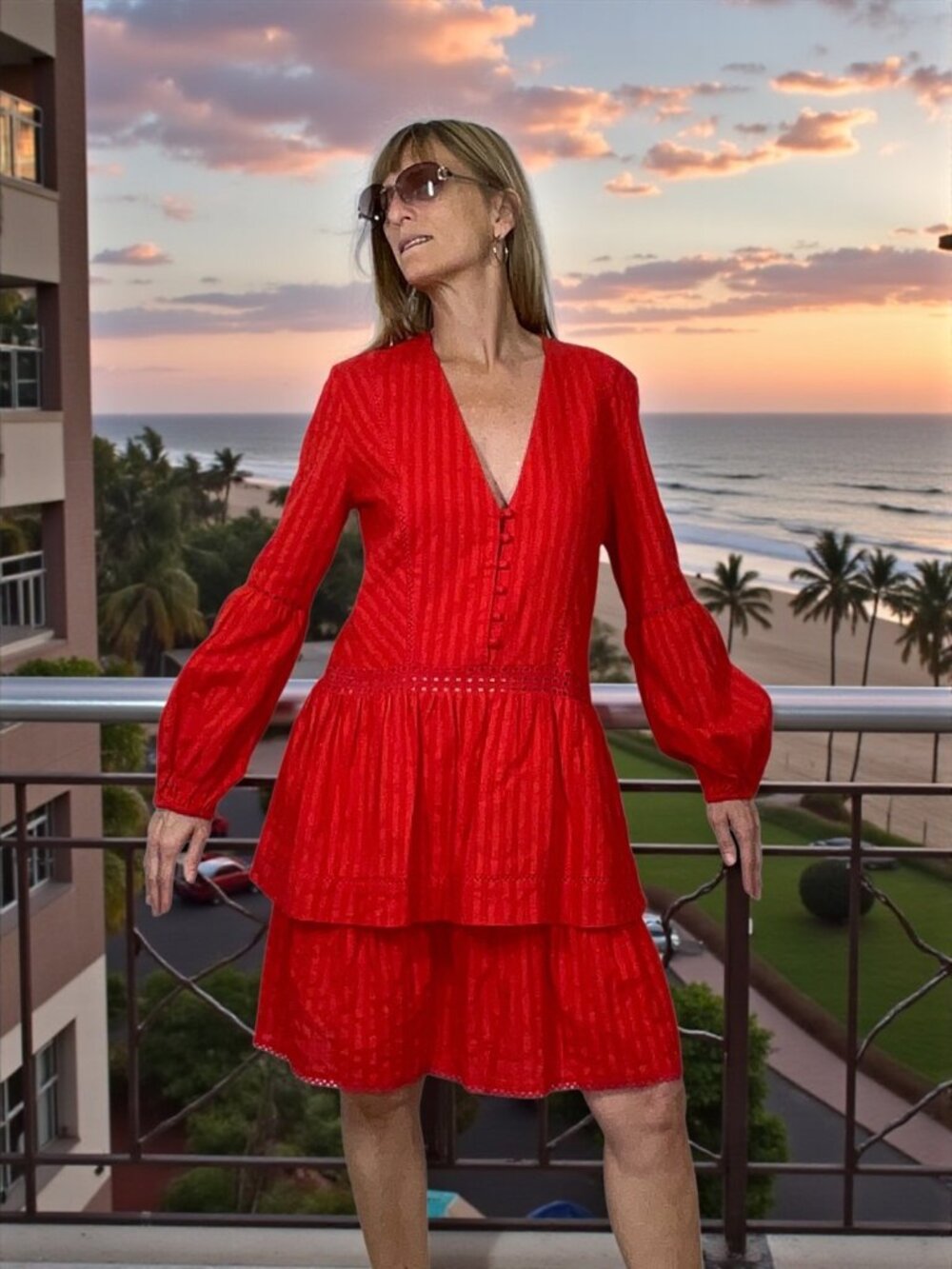 N/Nicholas Mini Cotton Dress 6 Scarlet Red Tiered Long Sleeve Fall Fashion
